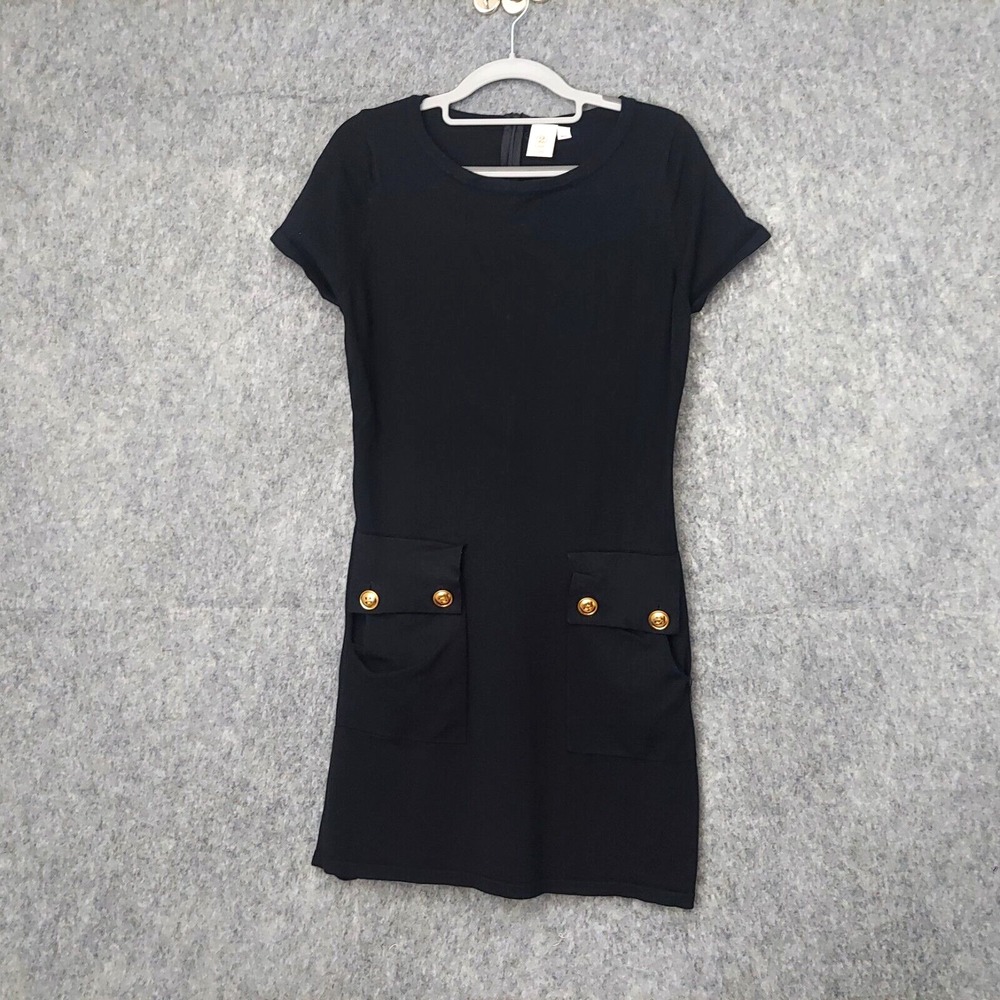 2 Chic Luxe Dress‎ M L Black Pocket Sweater Short Sleeve Gold Button Nautical